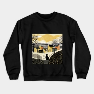 Vintage Cityscape Illustration: Urban Street with Houses, Lamps, Patterned Roads, Clouds, and a Stylish Black Cat in the Middle - Design Art Crewneck Sweatshirt